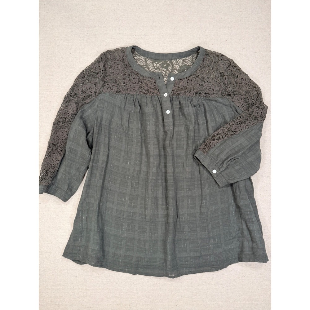 Anthropologie Cloth & Stone Olive Green Lace Crochet Henley Blouse Top